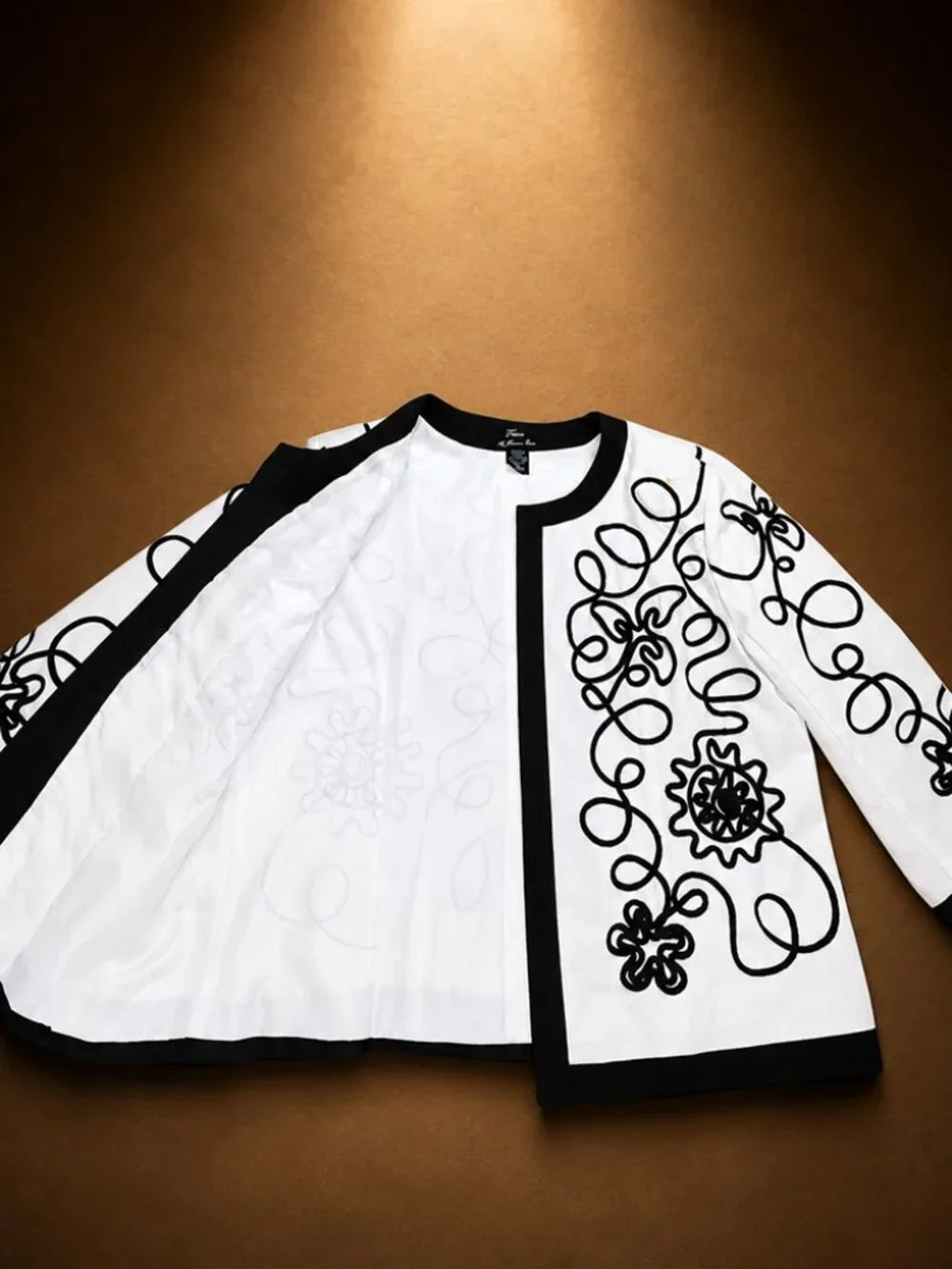 White Brown Floral Cord Embroidered Jacket XL Open Front Statement Layer